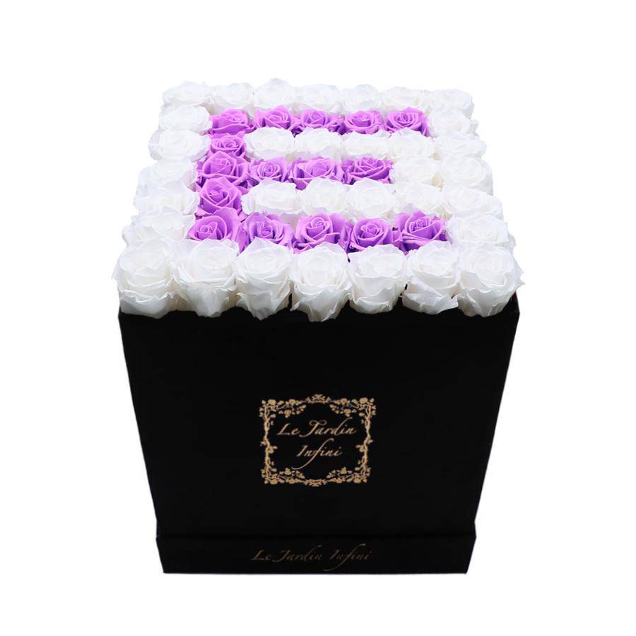 Letter E Lilac & White Preserved Roses - Large Square Luxury Black Suede Box - Le Jardin Infini Roses in a Box
