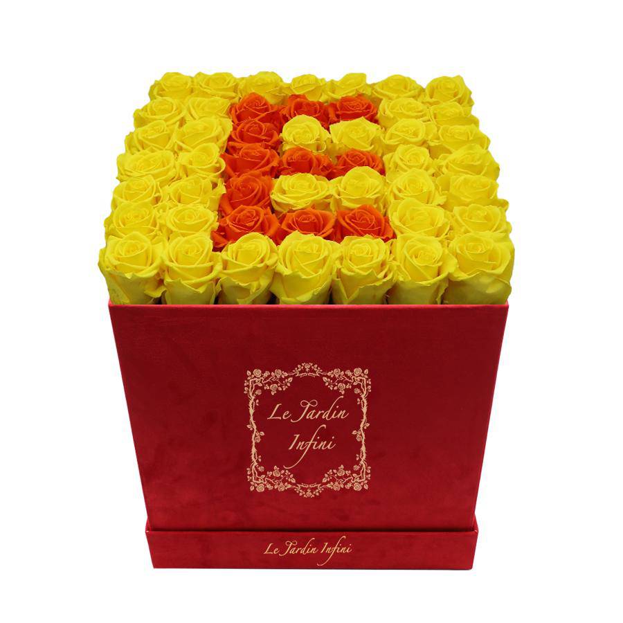 Letter E Orange & Warm Yellow Preserved Roses - Large Square Luxury Red Suede Box - Le Jardin Infini Roses in a Box