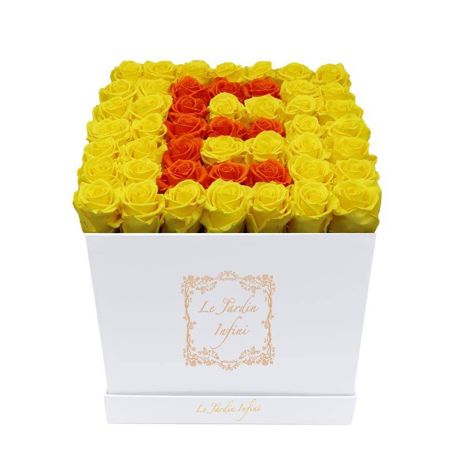 Letter E Orange & Warm Yellow Preserved Roses - Large Square Luxury White Box - Le Jardin Infini Roses in a Box