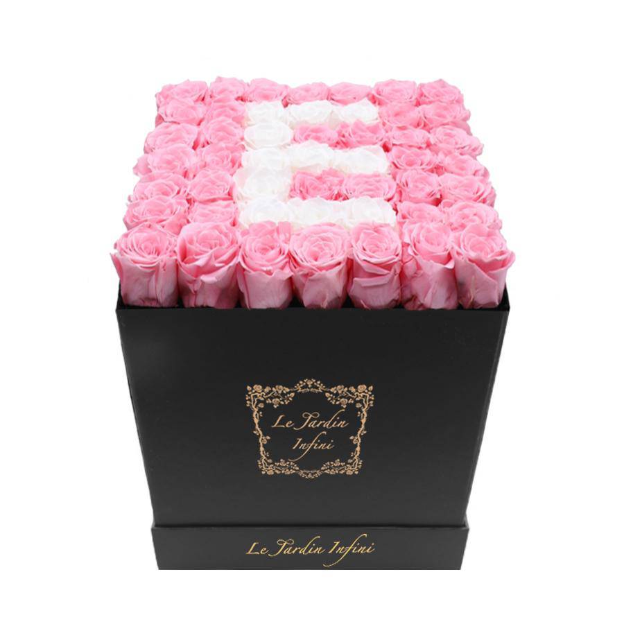 Letter E White & Pink Preserved Roses - Large Square Luxury Black Box - Le Jardin Infini Roses in a Box