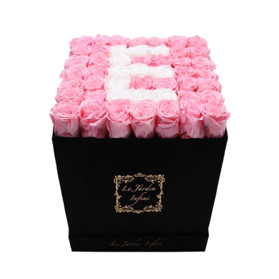 Letter E White & Pink Preserved Roses - Luxury Large Square Black Suede Box
