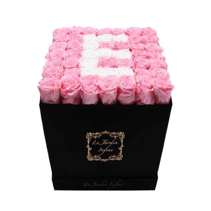 Letter E White & Pink Preserved Roses - Luxury Large Square Black Suede Box - Le Jardin Infini Roses in a Box