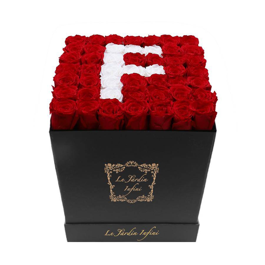 Letter F White & Red Preserved Roses - Large Square Luxury Black Box