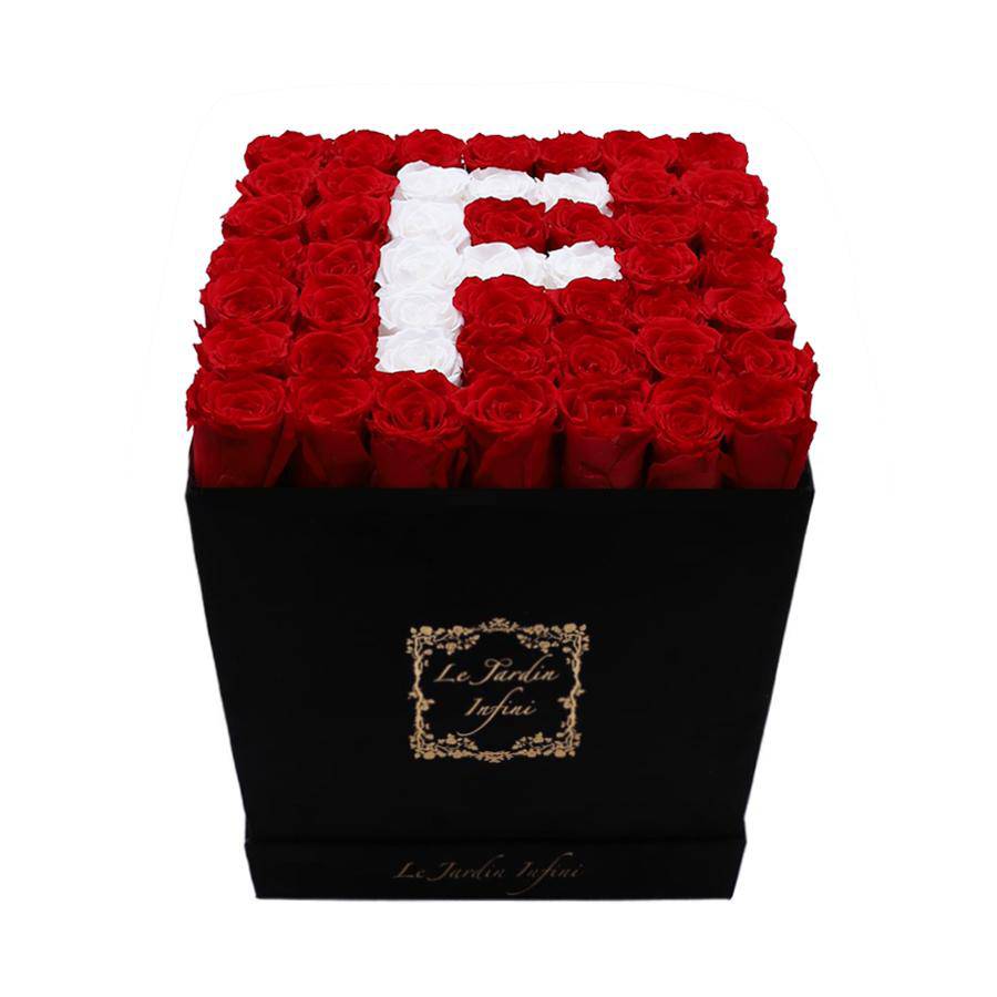 Letter F White & Red Preserved Roses - Large Square Luxury Black Suede Box