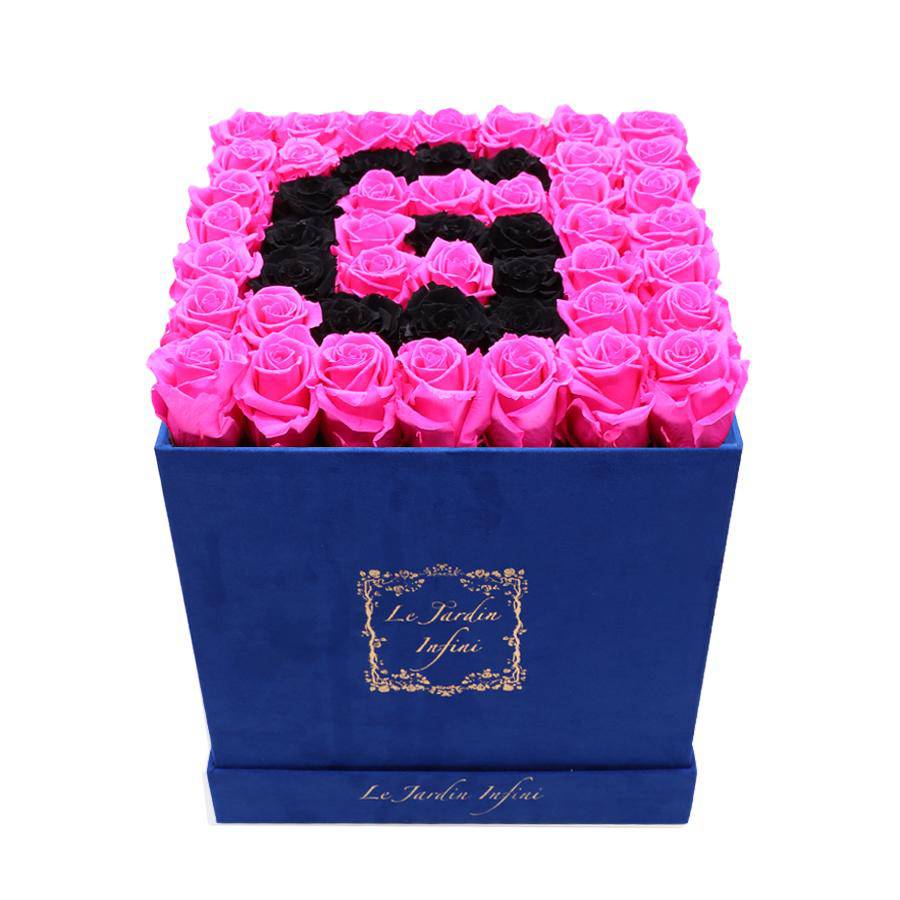 Letter G Black & Hot Pink Preserved Roses - Large Square Luxury Blue Suede Box