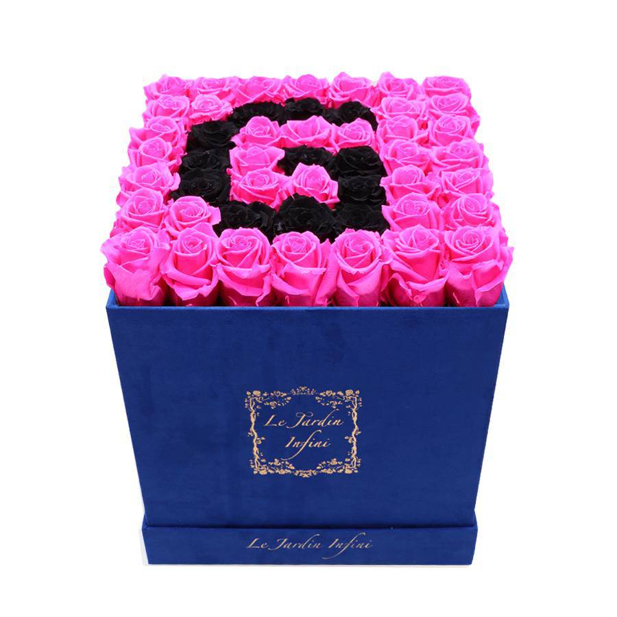Letter G Black & Hot Pink Preserved Roses - Large Square Luxury Blue Suede Box - Le Jardin Infini Roses in a Box