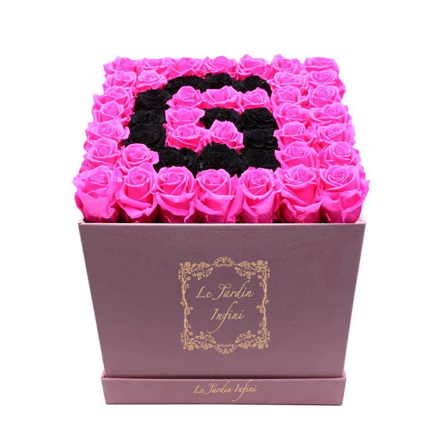 Letter G Black & Hot Pink Preserved Roses - Large Square Luxury Pink Suede Box