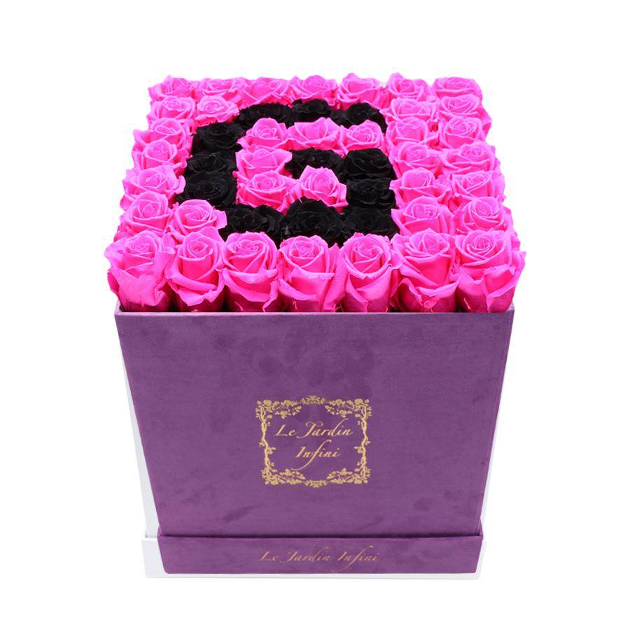 Letter G Black & Hot Pink Preserved Roses - Large Square Luxury Purple Suede Box - Le Jardin Infini Roses in a Box