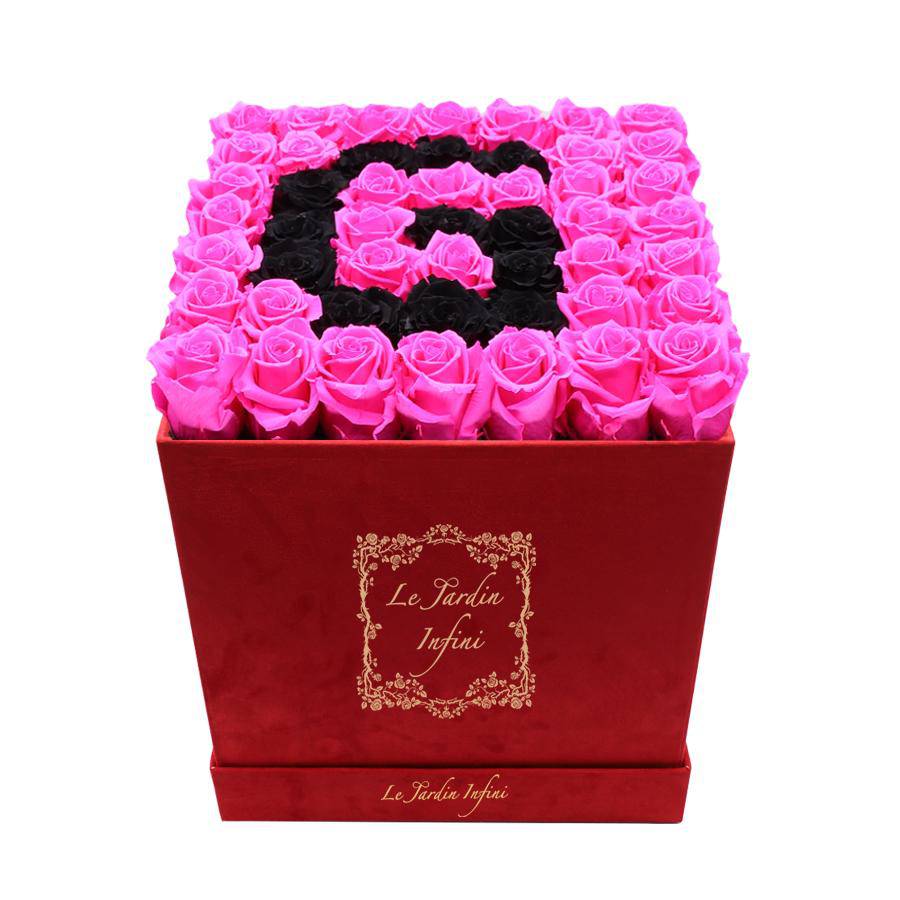 Letter G Black & Hot Pink Preserved Roses - Large Square Luxury Red Suede Box - Le Jardin Infini Roses in a Box