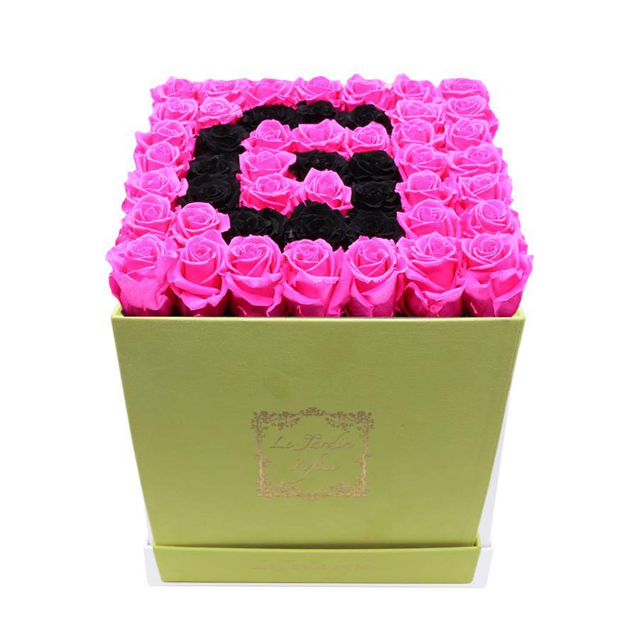 Letter G Black & Hot Pink Preserved Roses - Large Square Luxury Yellow Suede Box