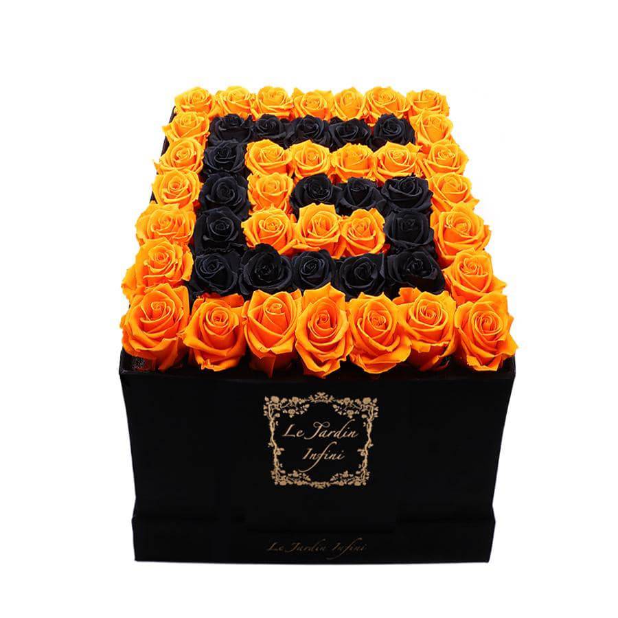 Letter G Black & Orange Preserved Roses - Luxury Large Square Suede Black Box - Le Jardin Infini Roses in a Box