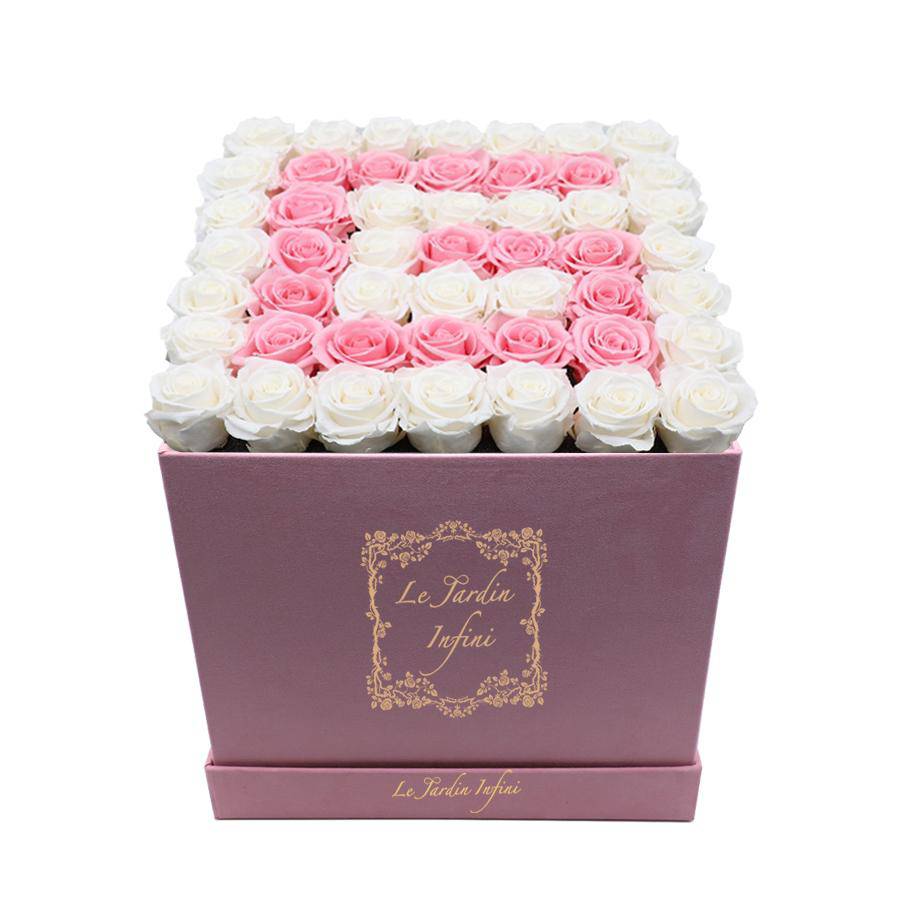 Letter G White & Pink Preserved Roses - Large Square Luxury Pink Suede Box - Le Jardin Infini Roses in a Box