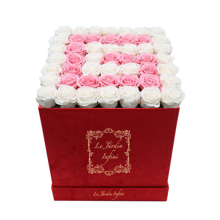 Letter G White & Pink Preserved Roses - Large Square Luxury Red Suede Box