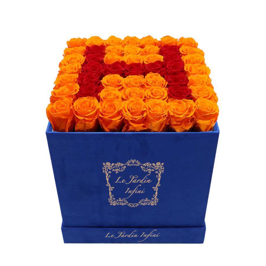 Letter H Red & Orange Preserved Roses - Large Square Luxury Blue Suede Box - Le Jardin Infini Roses in a Box