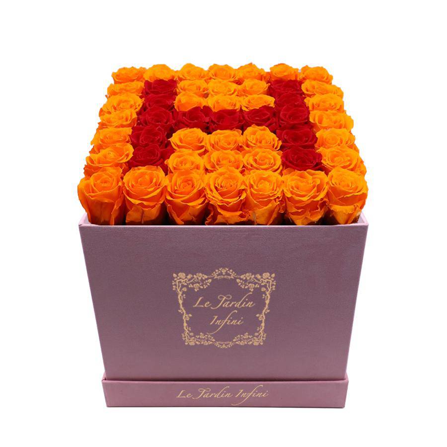 Letter H Red & Orange Preserved Roses - Large Square Luxury Pink Suede Box - Le Jardin Infini Roses in a Box