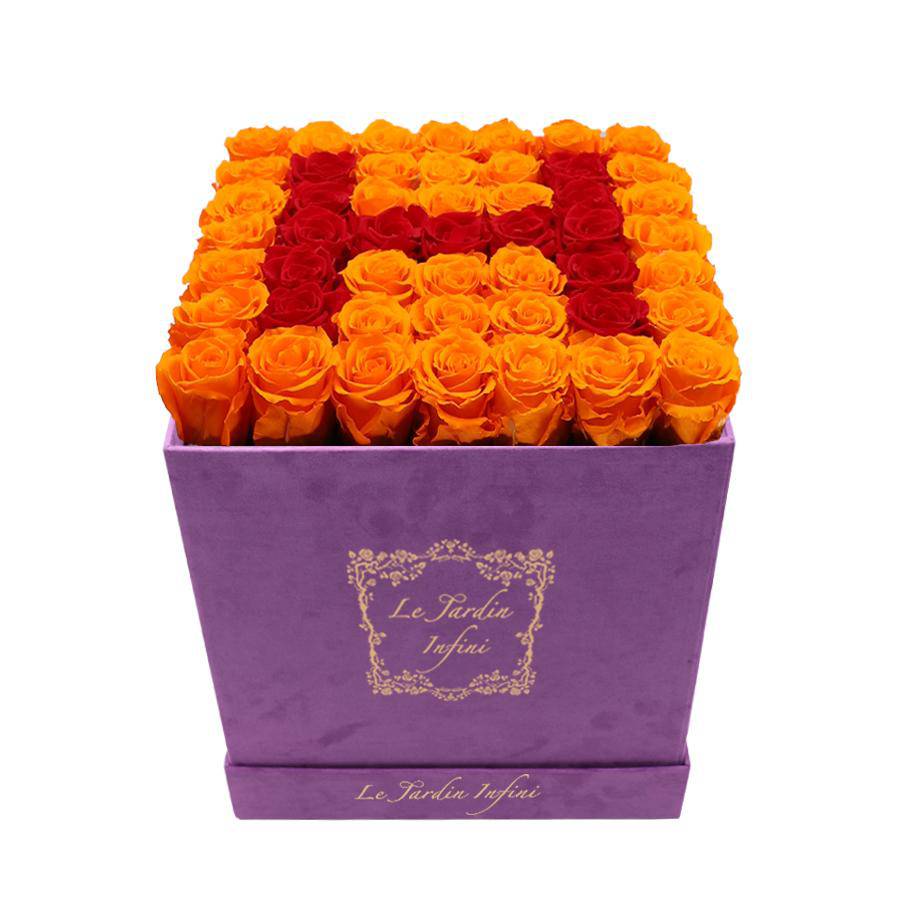 Letter H Red & Orange Preserved Roses - Large Square Luxury Purple Suede Box - Le Jardin Infini Roses in a Box