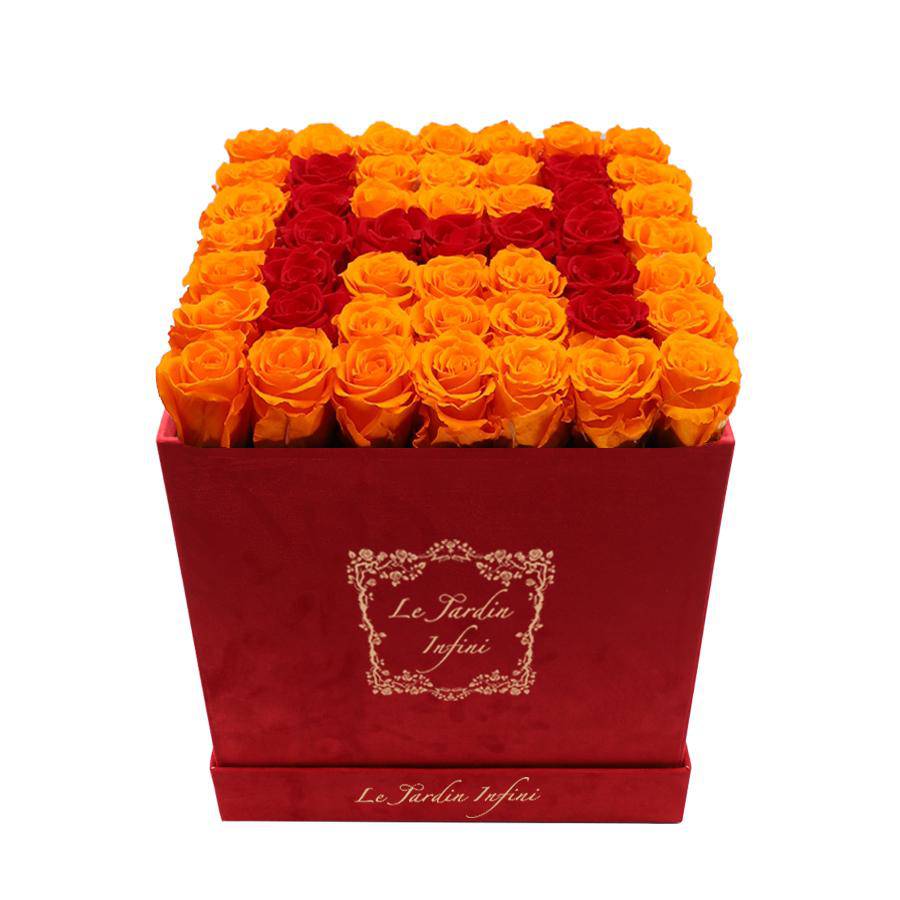 Letter H Red & Orange Preserved Roses - Large Square Luxury Red Suede Box - Le Jardin Infini Roses in a Box