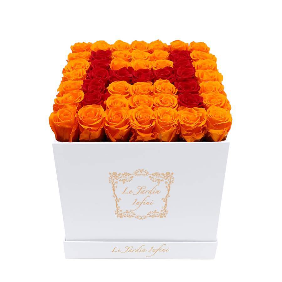Letter H Red & Orange Preserved Roses - Large Square Luxury White Suede Box - Le Jardin Infini Roses in a Box
