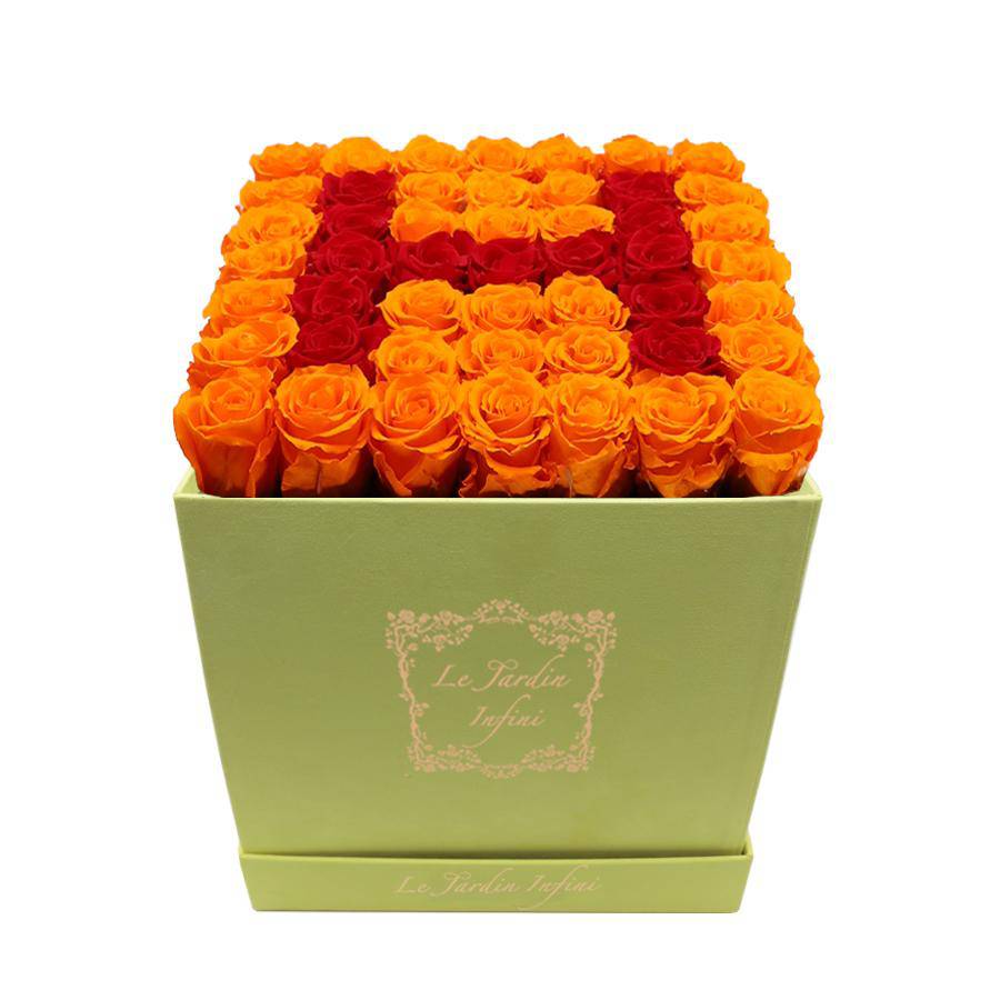 Letter H Red & Orange Preserved Roses - Large Square Luxury Yellow Suede Box - Le Jardin Infini Roses in a Box