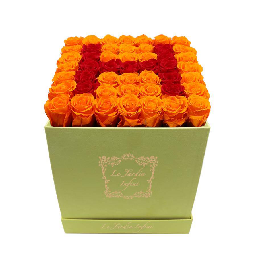 Letter H Red & Orange Preserved Roses - Large Square Luxury Yellow Suede Box - Le Jardin Infini Roses in a Box