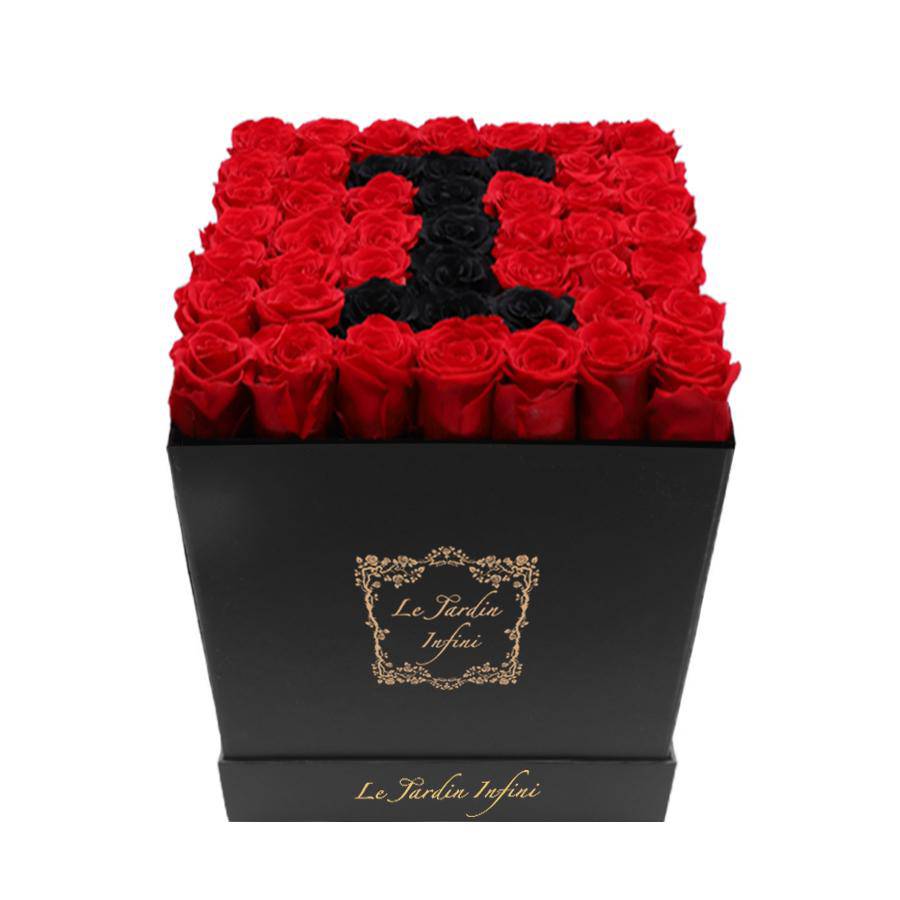 Letter I Black & Red Preserved Roses - Large Square Luxury Black Box - Le Jardin Infini Roses in a Box