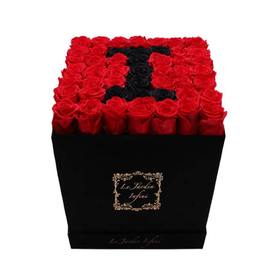 Letter I Black & Red Preserved Roses - Large Square Luxury Black Suede Box - Le Jardin Infini Roses in a Box
