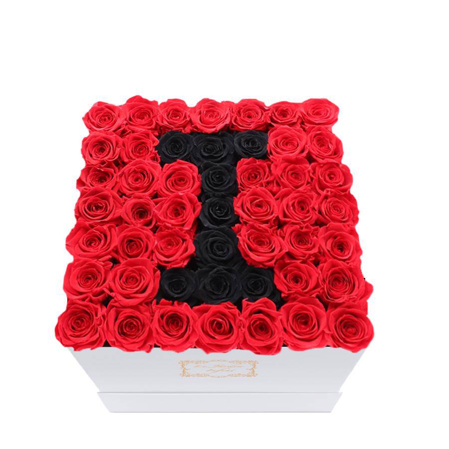 Letter I Black & Red Preserved Roses - Large Square Luxury White Box