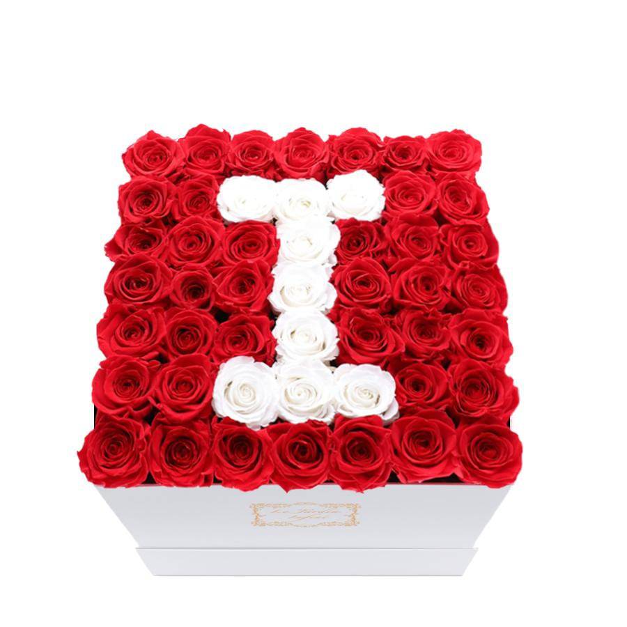 Letter I White & Red Preserved Roses - Large Square Luxury White Box