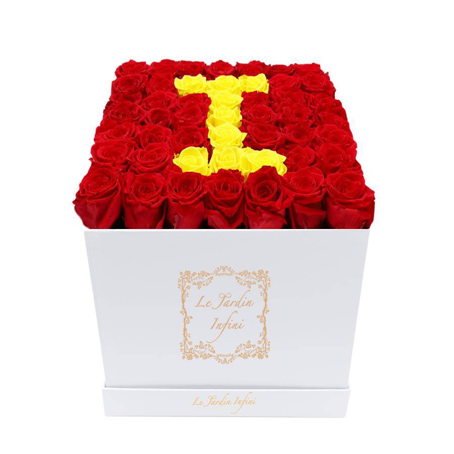 Letter I Yellow & Red Preserved Roses - Large Square Luxury White Box - Le Jardin Infini Roses in a Box
