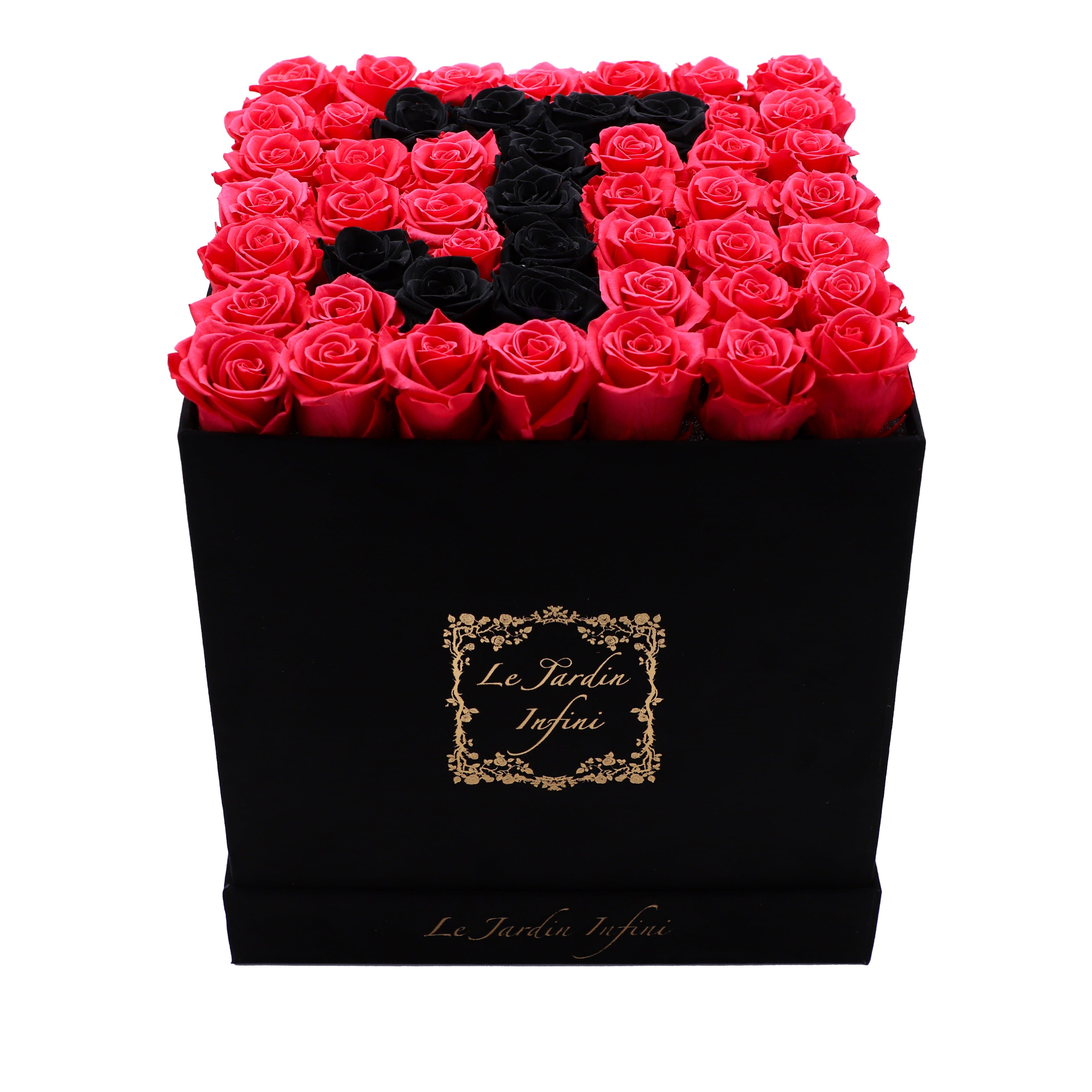 Letter J Black & Red Preserved Roses - Large Square Luxury Black Suede Box - Le Jardin Infini Roses in a Box