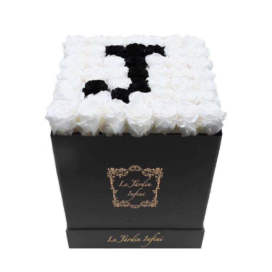 Letter J Black & White Preserved Roses - Large Square Luxury Black Box