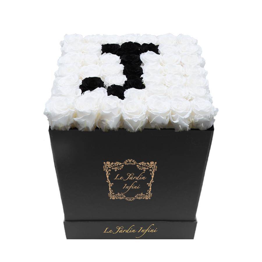 Letter J Black & White Preserved Roses - Large Square Luxury Black Box - Le Jardin Infini Roses in a Box