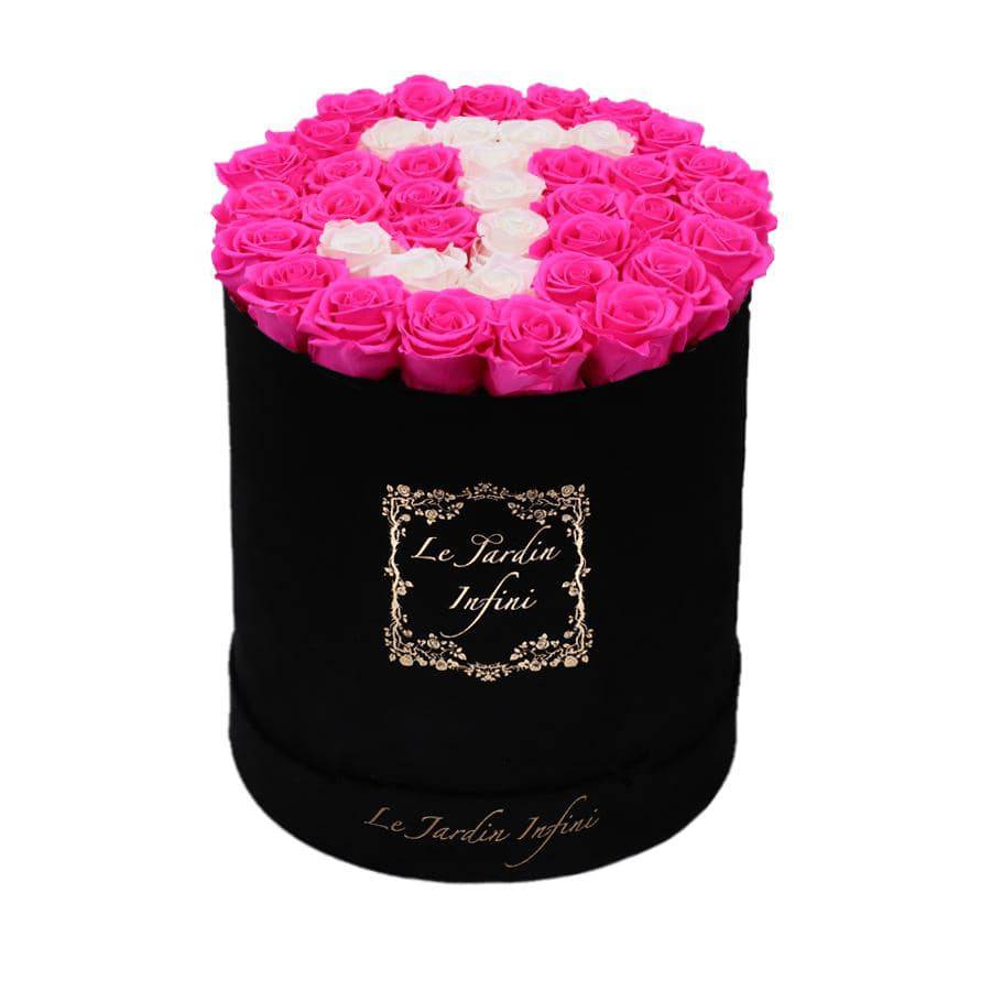Letter J Champagne & Neon Pink Preserved Roses - Large Round Luxury Black Suede Box - Le Jardin Infini Roses in a Box