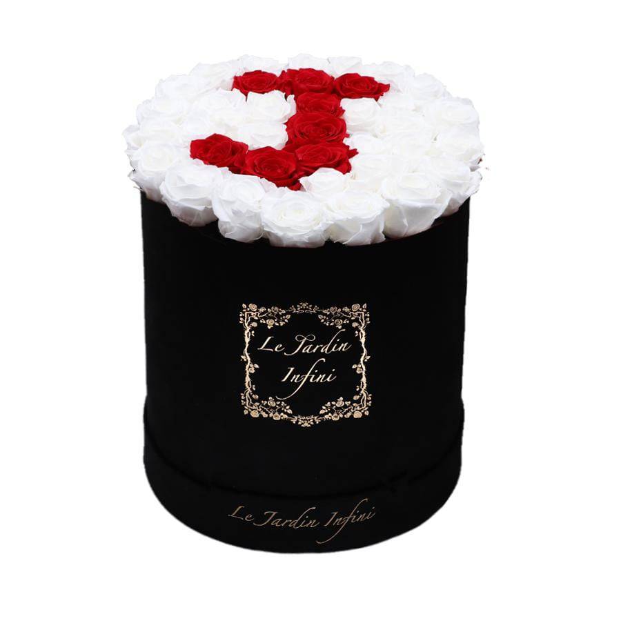 Letter J Red & White Preserved Roses - Large Round Luxury Black Suede Box - Le Jardin Infini Roses in a Box