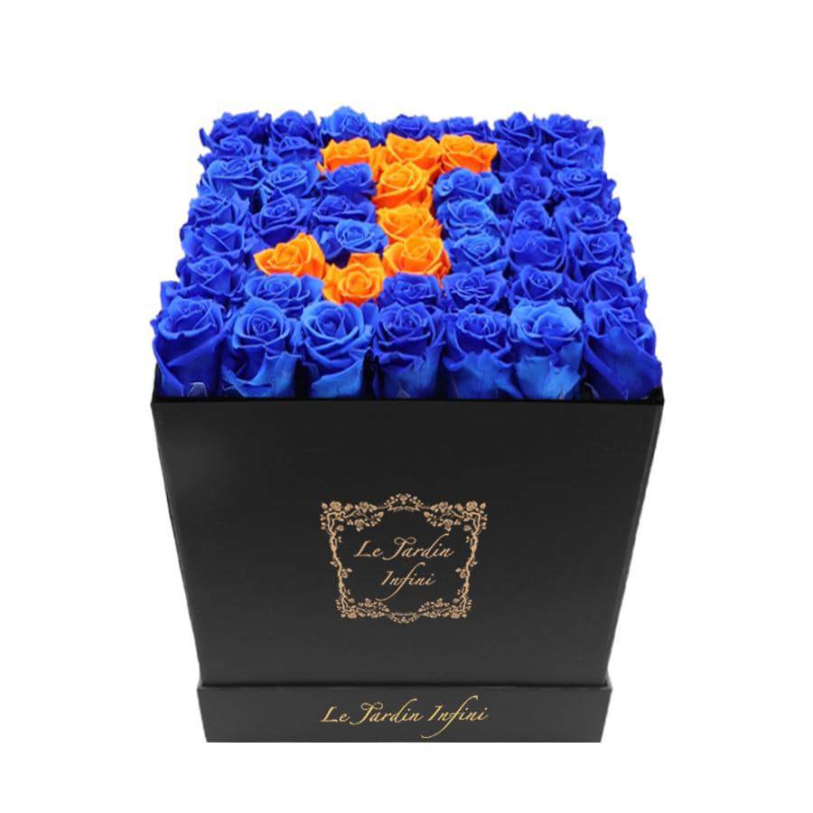 Letter J Royal Blue & Orange Preserved Roses - Large Square Luxury Black Box - Le Jardin Infini Roses in a Box