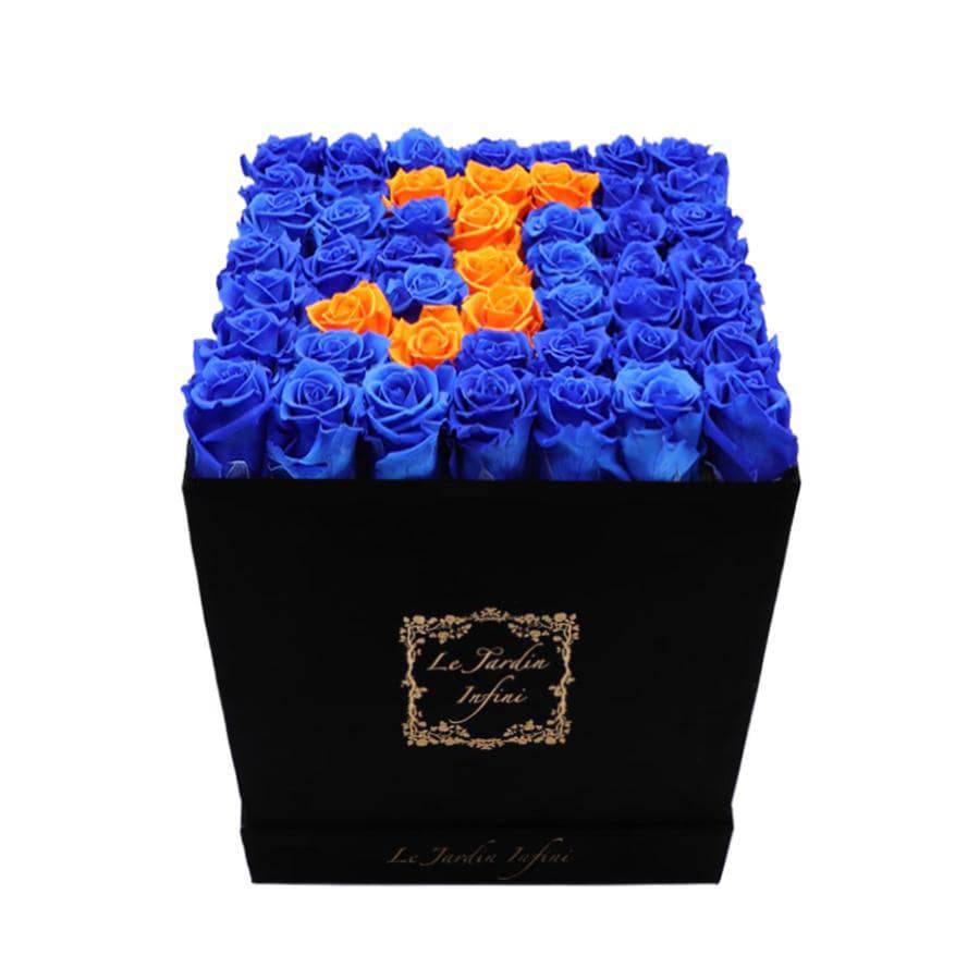 Letter J Royal Blue & Orange Preserved Roses - Luxury Large Square Black Suede Box - Le Jardin Infini Roses in a Box