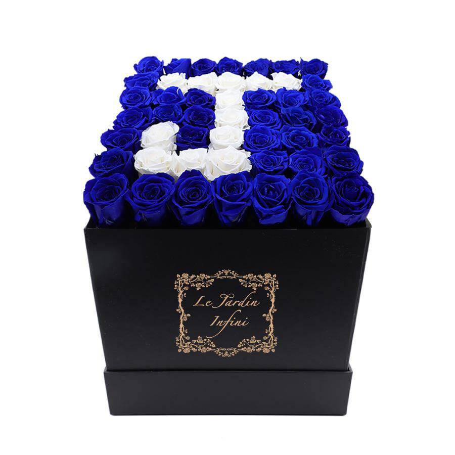 Letter J Royal Blue & White Preserved Roses - Large Square Luxury Black Box - Le Jardin Infini Roses in a Box
