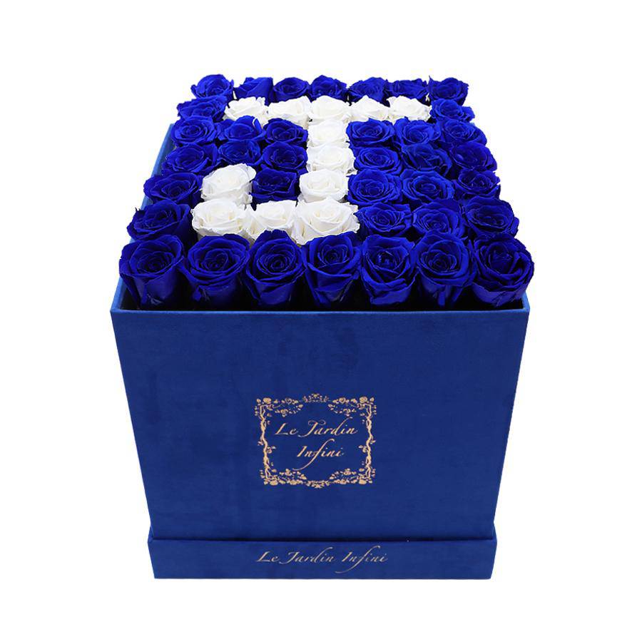 Letter J Royal Blue & White Preserved Roses - Large Square Luxury Blue Suede Box - Le Jardin Infini Roses in a Box