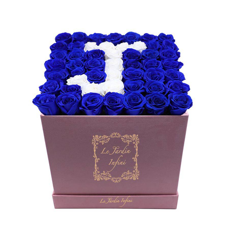 Letter J Royal Blue & White Preserved Roses - Large Square Luxury Pink Suede Box - Le Jardin Infini Roses in a Box