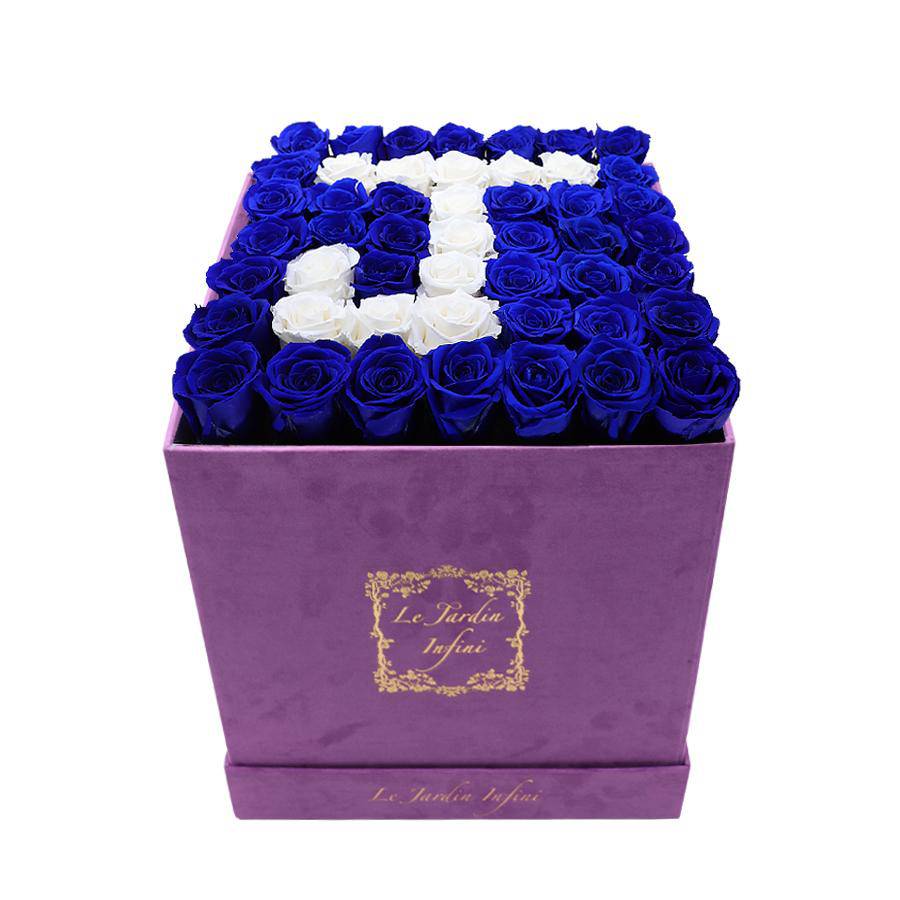 Letter J Royal Blue & White Preserved Roses - Large Square Luxury Purple Suede Box - Le Jardin Infini Roses in a Box