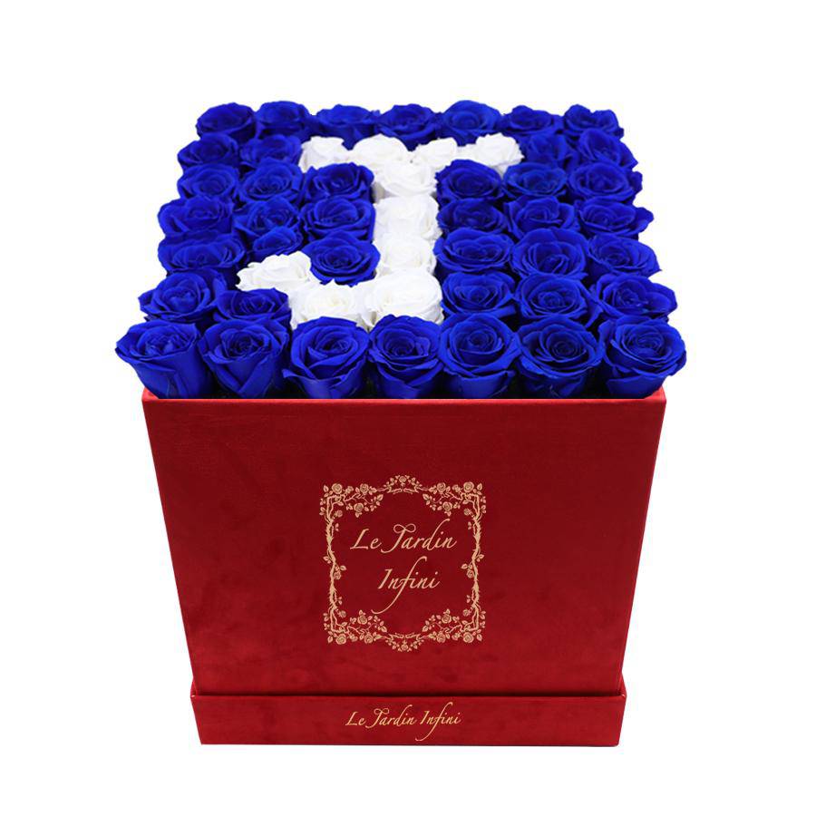 Letter J Royal Blue & White Preserved Roses - Large Square Luxury Red Suede Box - Le Jardin Infini Roses in a Box