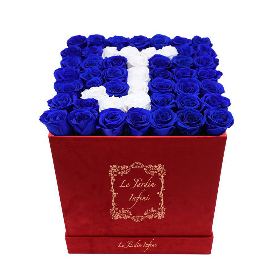 Letter J Royal Blue & White Preserved Roses - Large Square Luxury Red Suede Box
