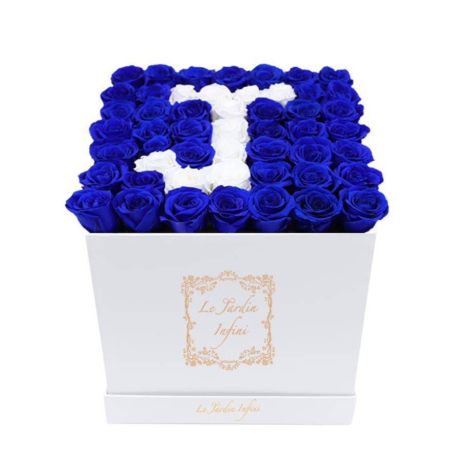 Letter J Royal Blue & White Preserved Roses - Large Square Luxury White Box - Le Jardin Infini Roses in a Box