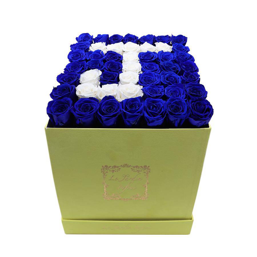 Letter J Royal Blue & White Preserved Roses - Luxury Large Square Yellow Suede Box