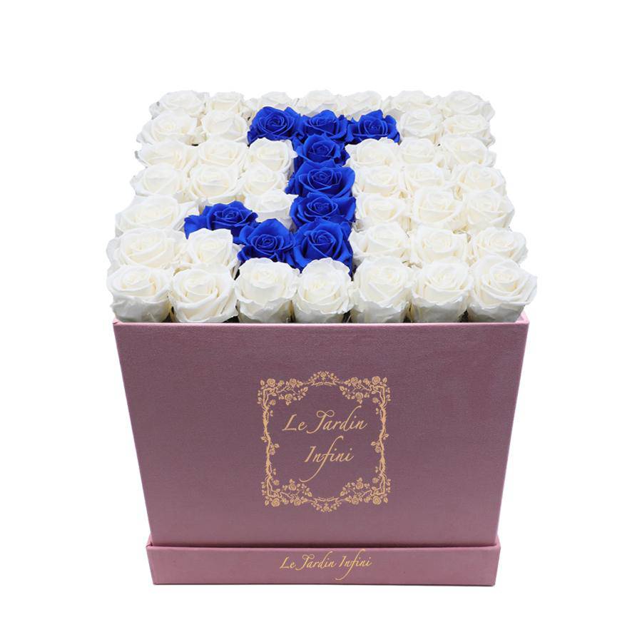 Letter J White & Royal Blue Preserved Roses -Luxury Large Square Pink Suede Box