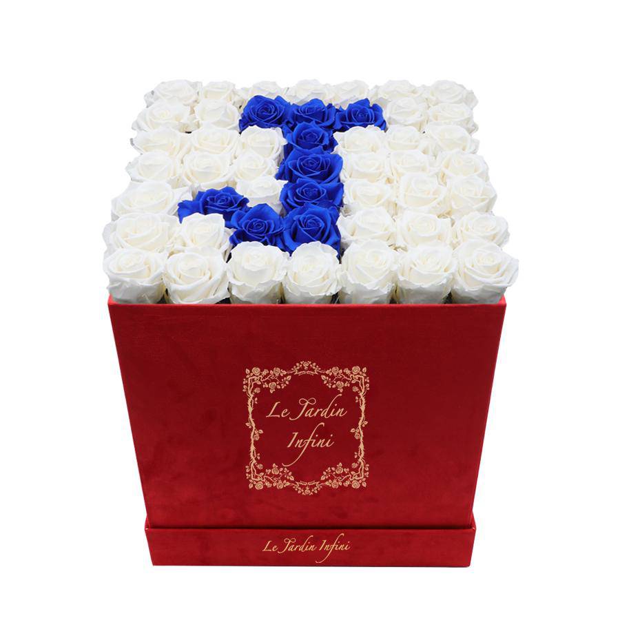 Letter J White & Royal Blue Preserved Roses -Luxury Large Square Red Suede Box - Le Jardin Infini Roses in a Box