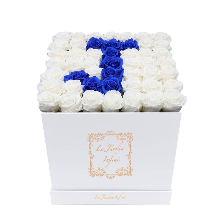 Letter J White & Royal Blue Preserved Roses -Luxury Large Square White Box
