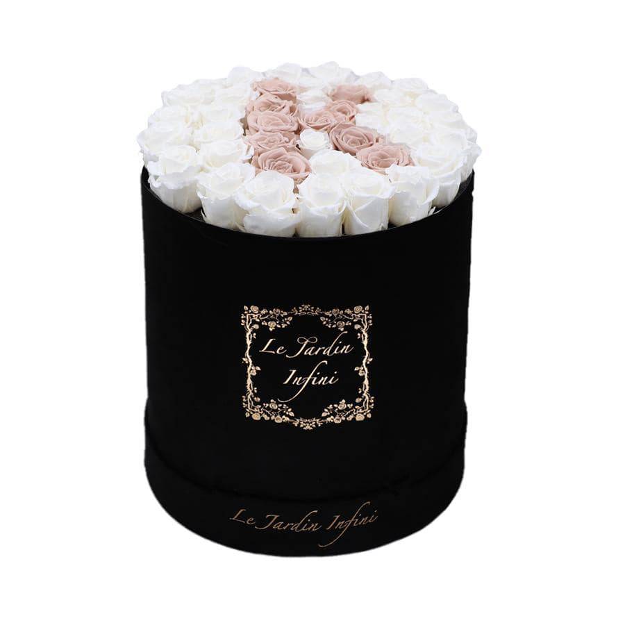 Letter K Khaki & White Preserved Roses - Large Round Luxury Black Suede Box - Le Jardin Infini Roses in a Box