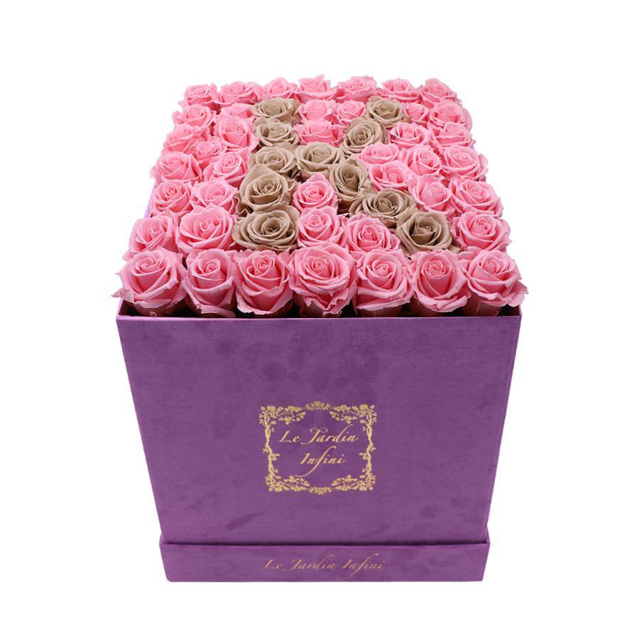 Letter K Pink & Khaki Preserved Roses - Large Square Luxury Purple Suede Box - Le Jardin Infini Roses in a Box