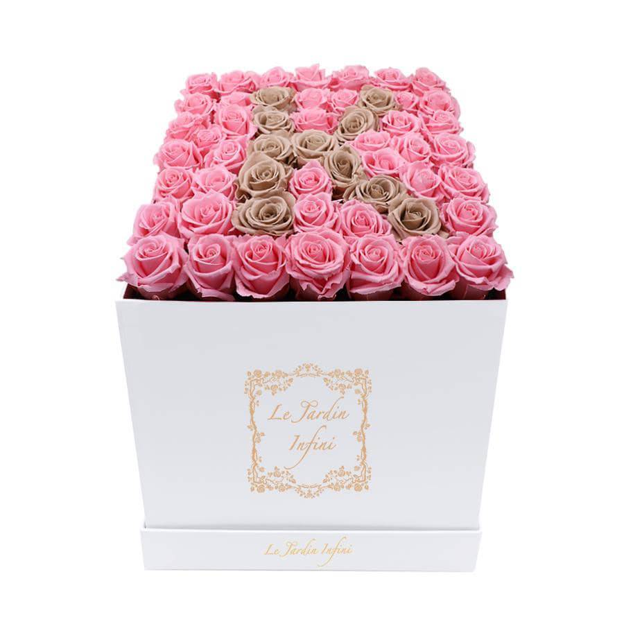 Letter K Pink & Khaki Preserved Roses - Large Square Luxury White Box - Le Jardin Infini Roses in a Box